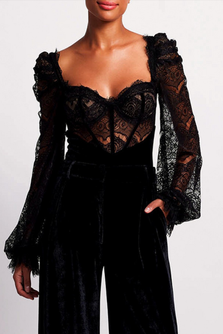 Clothing PatBO | Patbo - Lace And Velvet Bodysuit - Black