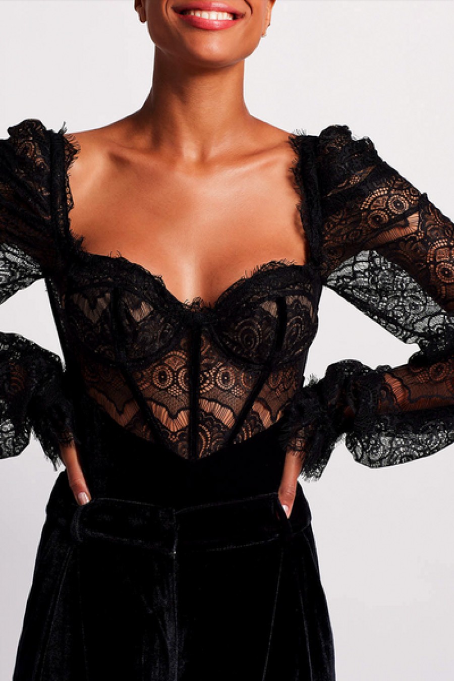 Clothing PatBO | Patbo - Lace And Velvet Bodysuit - Black