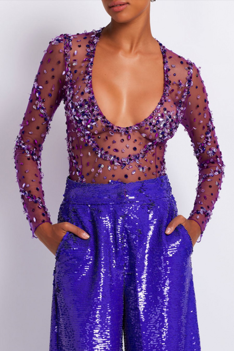 Clothing PatBO | Patbo - Hand-Beaded Scoop Neck Bodysuit - Purple