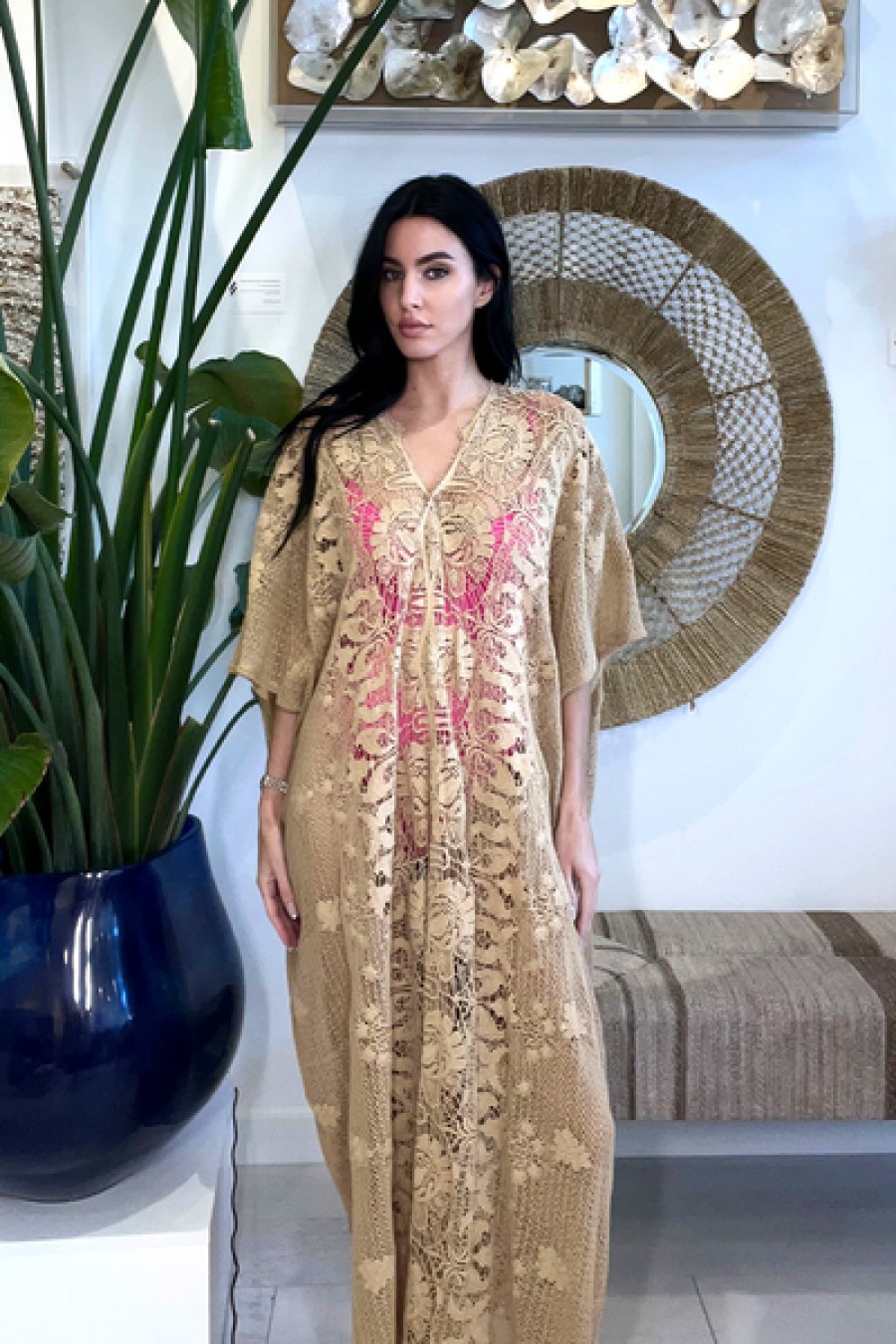 Clothing Miguelina | Miguelina - Rachel Granadilla Scallop Lace Caftan - Camel