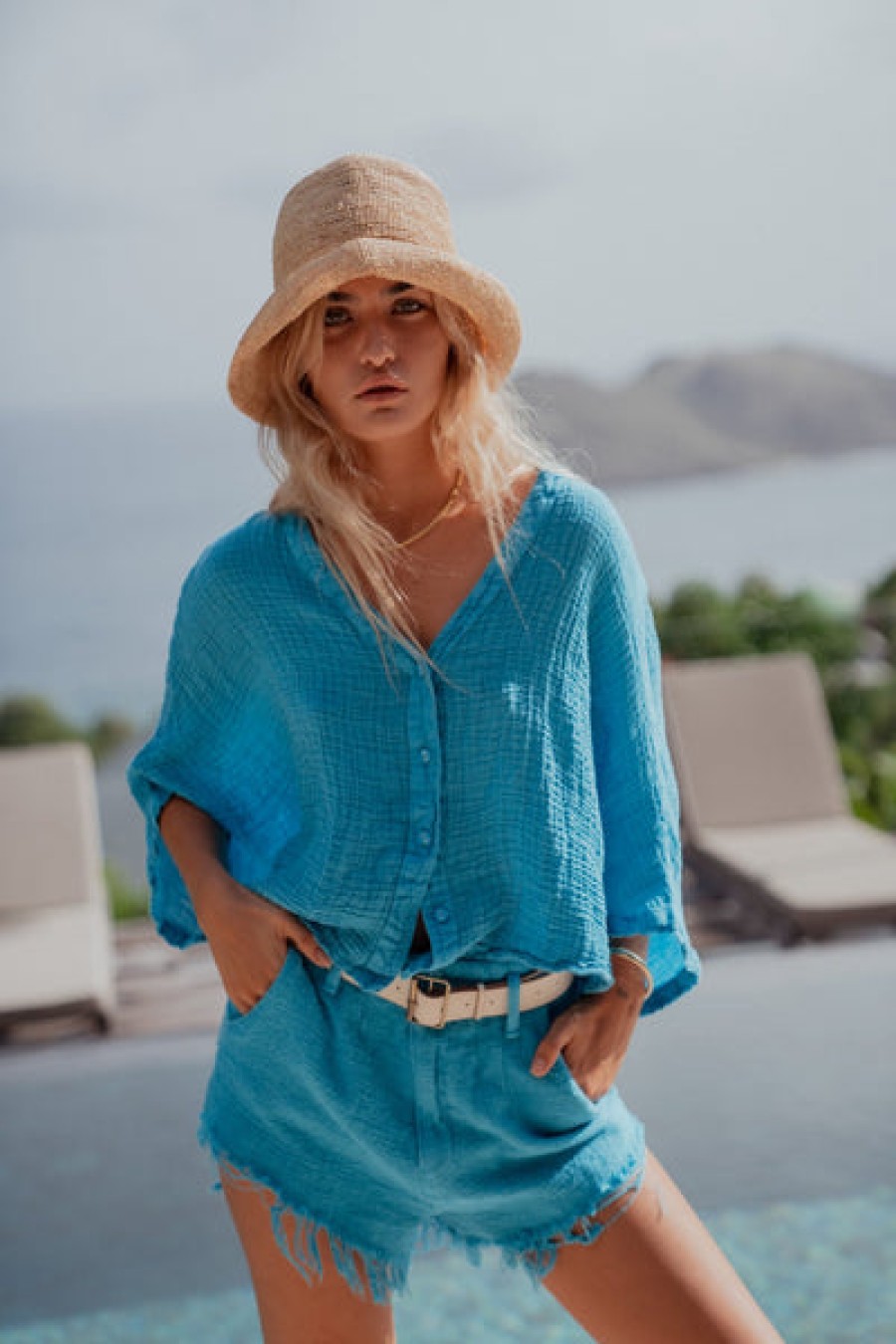 Clothing Sunday Saint Tropez | Sunday Saint-Tropez - Babylon Linen Top - Turquoise