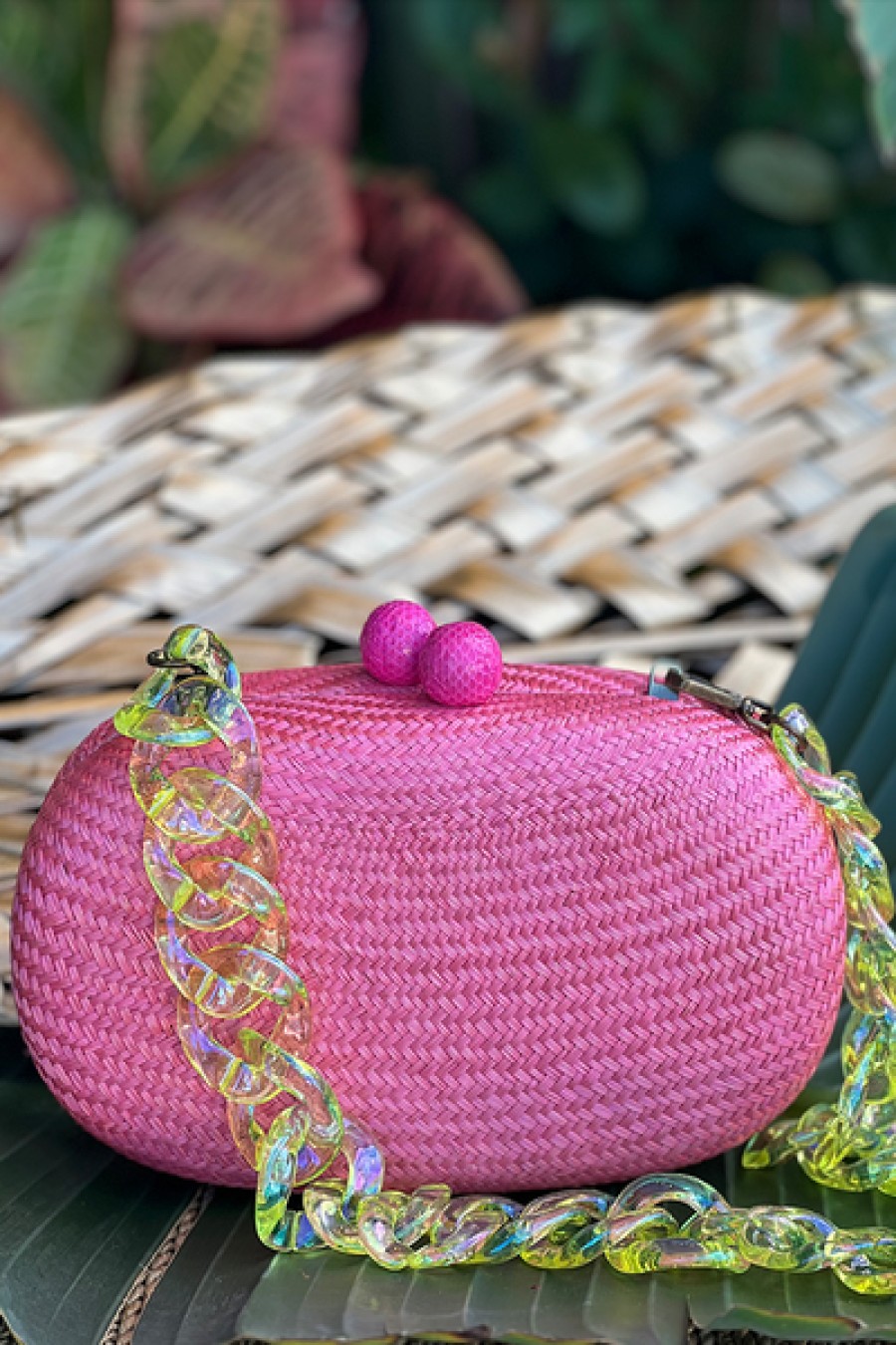 Bags Serpui | Serpui - Olive Camelia Bun Straw Clutch Bag - Pink